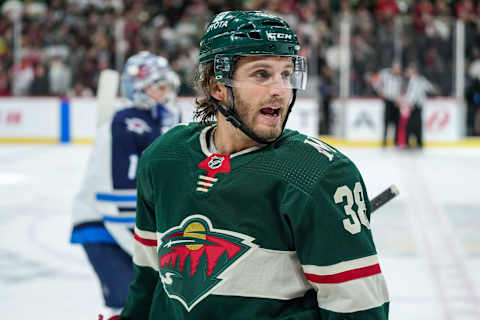 Nov 26, 2021; Saint Paul, Minnesota, USA; Minnesota Wild forward Ryan Hartman (38) during a game between the Minnesota Wild and Winnipeg Jets at Xcel Energy Center. Mandatory Credit: Brace Hemmelgarn-USA TODAY Sports