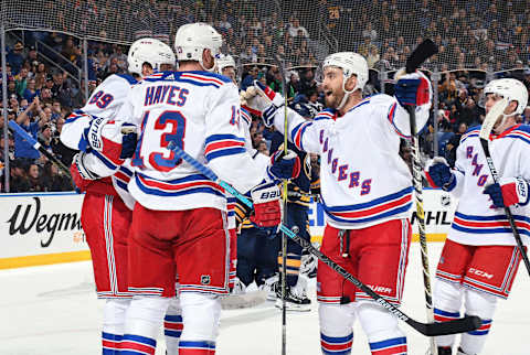 BUFFALO, NY – FEBRUARY 15: Pavel Buchnevich #89 of the New York Rangers celebrates his goal with teammates during an NHL game against the Buffalo Sabres on February 15, 2019 at KeyBank Center in Buffalo, New York. New York won, 6-2. (Photo by Joe Hrycych/NHLI via Getty Images)