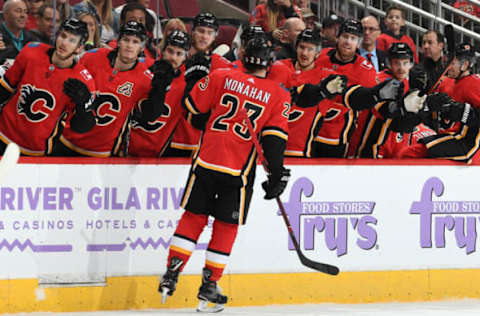 GLENDALE, AZ – NOVEMBER 25: Sean Monahan #23 of the Calgary Flames is congratulated by teammates after scoring a goal against the Arizona Coyotes during the first period at Gila River Arena on November 25, 2018 in Glendale, Arizona. (Photo by Norm Hall/NHLI via Getty Images)