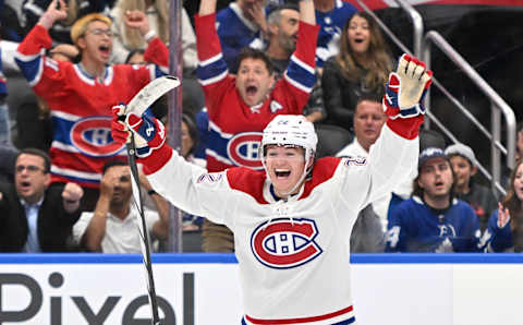 Oct 2, 2023; Toronto, Ontario, CAN; Montreal Canadiens forward Cole Caufield. Mandatory Credit: Dan Hamilton-USA TODAY Sports