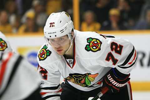 NASHVILLE, TN – APRIL 17: Chicago Blackhawks left wing Artemi Panarin (72) is shown during game three of Round One of the Stanley Cup Playoffs between the Nashville Predators and the Chicago Blackhawks, held on April 17, 2017, at Bridgestone Arena in Nashville, Tennessee. (Photo by Danny Murphy/Icon Sportswire via Getty Images)