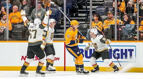 NASHVILLE, TN – NOVEMBER 27: Paul Stastny #26 of the Vegas Golden Knights celebrates his overtime goal against the Nashville Predators the at Bridgestone Arena on November 27, 2019 in Nashville, Tennessee. (Photo by John Russell/NHLI via Getty Images)