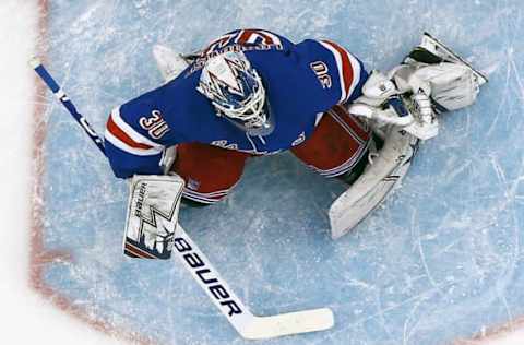 NEWARK, NJ – JANUARY 31: Henrik Lundqvist #30 of the New York Rangers defends hsi net during the game against the New Jersey Devils at Prudential Center on January 31, 2019 in Newark, New Jersey. (Photo by Andy Marlin/NHLI via Getty Images)