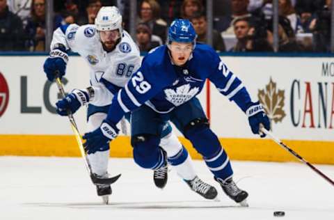 TORONTO, ON – JANUARY 2: William Nylander #29 of the Toronto Maple Leafs skates against Nikita Kucherov #86 of the Tampa Bay Lightning during the first period at the Air Canada Centre on January 2, 2018 in Toronto, Ontario, Canada. (Photo by Mark Blinch/NHLI via Getty Images)