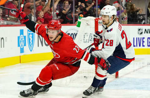 RALEIGH, NC – SEPTEMBER 29: Carolina Hurricanes left wing Brock McGinn (23) reacts to a puck in the net during an NHL Preseason game between the Washington Capitals and the Carolina Hurricanes on September 29, 2019 at the PNC Arena in Raleigh, NC. (Photo by Greg Thompson/Icon Sportswire via Getty Images)