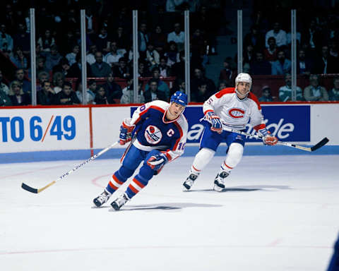 MONTREAL, CANADA- 1981: Dale Hawerchuk #10 of the Winnipeg Jets skates against the Montreal Canadiens in 1981 at the Montreal Forum in Montreal, Quebec, Canada. (Photo by Denis Brodeur/NHLI via Getty Images)