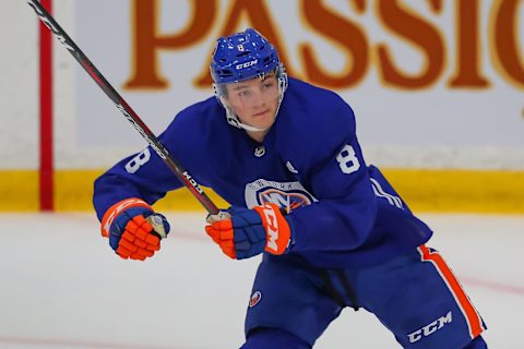 New York Islanders Defenseman Noah Dobson (8) (Photo by Rich Graessle/Icon Sportswire via Getty Images)