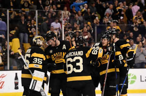 Feb 11, 2017; Boston, MA, USA; The Boston Bruins congratulate goalie Anton Khudobin (35) after defeating the Vancouver Canucks 4-3 at TD Garden. Mandatory Credit: Bob DeChiara-USA TODAY Sports