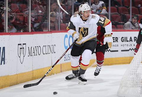 GLENDALE, ARIZONA – OCTOBER 10: Nicolas Hague #14 of the Vegas Golden Knights skates with the puck during the third period of the NHL game against the Arizona Coyotes at Gila River Arena on October 10, 2019 in Glendale, Arizona. The Coyotes defeated the Golden Knights 4-1. (Photo by Christian Petersen/Getty Images)