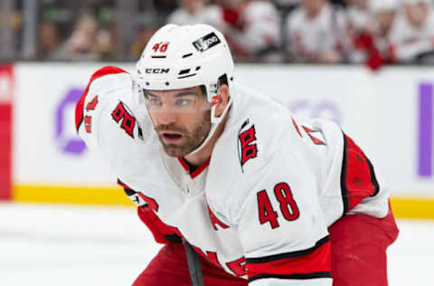 BOSTON, MA – FEBRUARY 10: Jordan Martinook #48 of the Carolina Hurricanes skates against the Boston Bruins during the second period at the TD Garden on February 10, 2022, in Boston, Massachusetts. The Hurricanes won 6-0. (Photo by Richard T Gagnon/Getty Images)