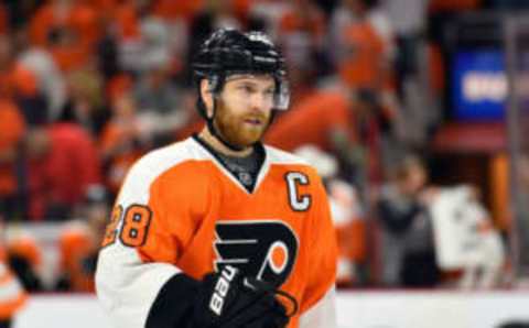 Apr 24, 2016; Philadelphia, PA, USA; Philadelphia Flyers center Claude Giroux (28) during the first period against the Washington Capitals in game six of the first round of the 2016 Stanley Cup Playoffs at Wells Fargo Center. Mandatory Credit: Derik Hamilton-USA TODAY Sports