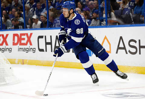 Oct 18, 2022; Tampa, Florida, USA; Tampa Bay Lightning defenseman Mikhail Sergachev (98) skates with the puck against the Philadelphia Flyers during the second period at Amalie Arena. Mandatory Credit: Kim Klement-USA TODAY Sports