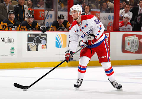 PITTSBURGH, PA – FEBRUARY 17: Mike Green #52 of the Washington Capitals moves the puck against the Pittsburgh Penguins at Consol Energy Center on February 17, 2015 in Pittsburgh, Pennsylvania. (Photo by Gregory Shamus/NHLI via Getty Images)