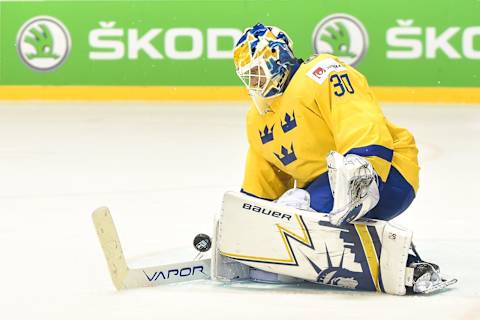 KOSICE, SLOVAKIA – MAY 23: Henrik Lundqvist #30 of Sweden stops the puck during the 2019 IIHF Ice Hockey World Championship Slovakia quarter final game between Finland and Sweden at Steel Arena on May 23, 2019 in Kosice, Slovakia. (Photo by Lukasz Laskowski/PressFocus/MB Media/Getty Images)