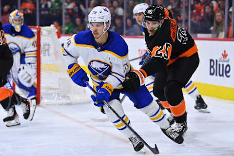 Mar 17, 2023; Philadelphia, Pennsylvania, USA; Buffalo Sabres defenseman Jacob Bryson (78) pushes past Philadelphia Flyers left wing James van Riemsdyk (25) in the third period at Wells Fargo Center. Mandatory Credit: Kyle Ross-USA TODAY Sports