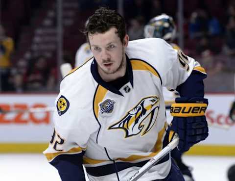 Feb 22, 2016; Montreal, Quebec, CAN; Nashville Predators forward Ryan Johansen (92) skates during the warmup period before the game against the Montreal Canadiens at the Bell Centre. Mandatory Credit: Eric Bolte-USA TODAY Sports