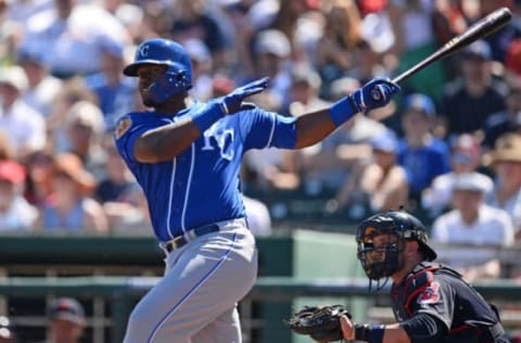 Mar 11, 2017; Goodyear, AZ, USA; Kansas City Royals right fielder Jorge Soler (12) bats against the Cleveland Indians during the first inning at Goodyear Ballpark. Mandatory Credit: Joe Camporeale-USA TODAY Sports