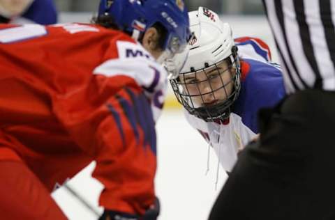 VICTORIA, BC – JANUARY 2: Jack Hughes #6 of the United States prepares to face-off against the Czech Republic during a quarter-final game at the IIHF World Junior Championships at the Save-on-Foods Memorial Centre on January 2, 2019, in Victoria, British Columbia, Canada. (Photo by Kevin Light/Getty Images)