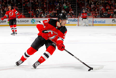 NEWARK, NEW JERSEY – DECEMBER 31: Pavel Zacha #37 of the New Jersey Devils in action against the Edmonton Oilers at Prudential Center on December 31, 2021 in Newark, New Jersey. The Devils defeated the Oilers 6-5 in overtime. (Photo by Jim McIsaac/Getty Images)