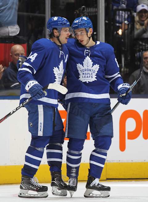 TORONTO, ON – OCTOBER 25: Ilya Mikheyev #65 of the Toronto Maple Leafs celebrates his goal with teammate Auston Matthews . (Photo by Claus Andersen/Getty Images)