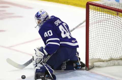 TORONTO, ON- JUNE 3 – Toronto Marlies goaltender Garret Sparks (40) makes a save as the Toronto Marlies lose 2-1 to the Texas Stars in game two of the AHL Calder Cup Finals at Ricoh Coliseum in Toronto. June 3, 2018. The series is tied at a game a piece. (Steve Russell/Toronto Star via Getty Images)