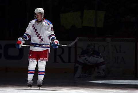 Feb 10, 2016; Pittsburgh, PA, USA; New York Rangers center J.T. Miller (10) on the ice for the national anthem before playing the Pittsburgh Penguins during the first period at the CONSOL Energy Center. Mandatory Credit: Charles LeClaire-USA TODAY Sports