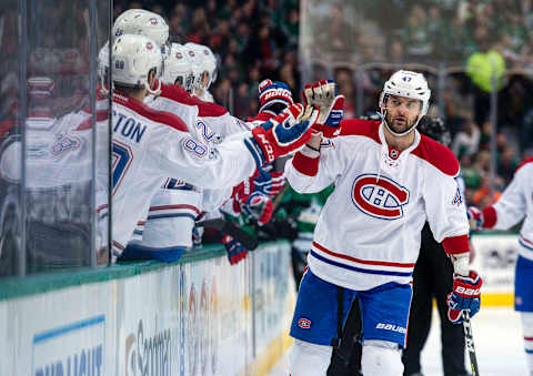 Jan 4, 2017; Dallas, TX, USA; Montreal Canadiens right wing Alexander Radulov (47) celebrates a power play goal against the Dallas Stars during the third period at the American Airlines Center. The Canadiens defeat the Stars 4-3 in overtime. Mandatory Credit: Jerome Miron-USA TODAY Sports