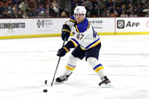 TEMPE, ARIZONA – MARCH 07: Torey Krug #47 of the St. Louis Blues makes a pass against the Arizona Coyotes during the first period at Mullett Arena on March 07, 2023 in Tempe, Arizona. (Photo by Zac BonDurant/Getty Images)