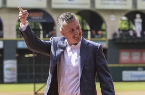 May 2, 2015; Houston, TX, USA; Houston Astros general manager Jeff Luhnow waves to the crowd before a game against the Seattle Mariners at Minute Maid Park. Mandatory Credit: Troy Taormina-USA TODAY Sports