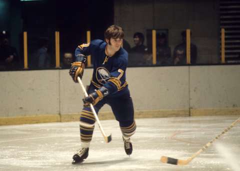 1974: Rick Martin #7 of the Buffalo Sabres skates on the ice during an NHL game circa 1974. (Photo by Melchior DiGiacomo/Getty Images)