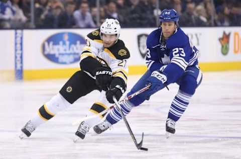 Mar 26, 2016; Toronto, Ontario, CAN; Boston Bruins right wing Loui Eriksson (21) moves the puck while Toronto Maple Leafs center Brooks Laich (23) defends at Air Canada Centre. The Bruins beat the Maple Leafs 3-1. Mandatory Credit: Tom Szczerbowski-USA TODAY Sports