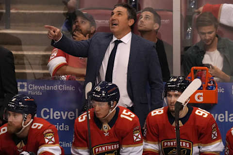 May 11, 2022; Sunrise, Florida, USA; Florida Panthers interim head coach Andrew Brunette gestures from the bench during the third period of game five of the first round of the 2022 Stanley Cup Playoffs against the Washington Capitals at FLA Live Arena. Mandatory Credit: Jasen Vinlove-USA TODAY Sports