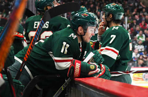 ST. PAUL, MN – MARCH 13: Minnesota Wild Left Wing Zach Parise (11) looks on from the bench during a NHL game between the Minnesota Wild and Colorado Avalanche on March 13, 2018 at Xcel Energy Center in St. Paul, MN. The Avalanche defeated the Wild 5-1.(Photo by Nick Wosika/Icon Sportswire via Getty Images)