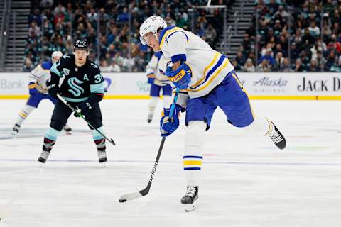 SEATTLE, WASHINGTON – NOVEMBER 04: Tage Thompson #72 of the Buffalo Sabres in action against the Seattle Kraken on November 04, 2021 at Climate Pledge Arena in Seattle, Washington. (Photo by Steph Chambers/Getty Images)