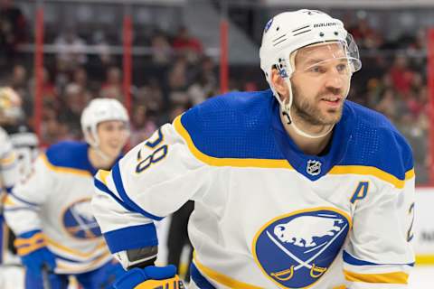 Jan 1, 2023; Ottawa, Ontario, CAN; Buffalo Sabres left wing Zemgus Girgensons (28) skates to the bench following his goal scored against the Ottawa Senators in the second period at the Canadian Tire Centre. Mandatory Credit: Marc DesRosiers-USA TODAY Sports