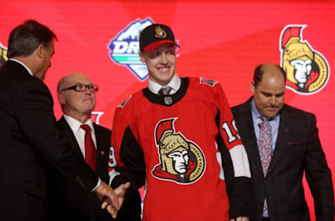 VANCOUVER, BRITISH COLUMBIA – JUNE 21: Lassi Thomson reacts after being selected nineteenth overall by the Ottawa Senators during the first round of the 2019 NHL Draft at Rogers Arena on June 21, 2019 in Vancouver, Canada. (Photo by Bruce Bennett/Getty Images)