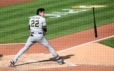 PITTSBURGH, PA – AUGUST 23: Christian Yelich of the Milwaukee Brewers tosses his bat away after striking out. (Photo by Justin Berl/Getty Images)