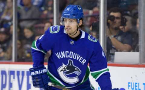 VANCOUVER, BC – MARCH 26: Vancouver Canucks Defenceman Josh Teves (4) skates up ice during their NHL game against the Anaheim Ducks at Rogers Arena on March 26, 2019 in Vancouver, British Columbia, Canada. Anaheim won 5-4. (Photo by Derek Cain/Icon Sportswire via Getty Images)