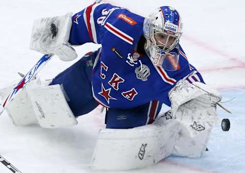 SKA St Petersburg goaltender Igor Shestyorkin makes a save (Photo by Alexander Demianchuk/TASS via Getty Images)