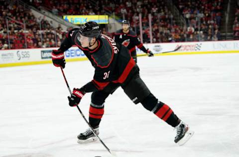 RALEIGH, NC – JANUARY 17: Andrei Svechnikov #37 of the Carolina Hurricanes looks to shoot the puck during an NHL game against the Anaheim Ducks on January 17, 2020 at PNC Arena in Raleigh, North Carolina. (Photo by Gregg Forwerck/NHLI via Getty Images)