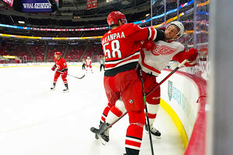 Carolina Hurricanes, Jani Hakanpaa (58); Detroit Red Wings, Luke Glendening (41). Mandatory Credit: James Guillory-USA TODAY Sports