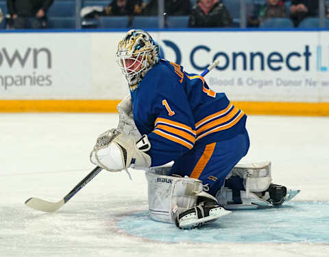 BUFFALO, NY – JANUARY 6: Ukko-Pekka Luukkonen #1 of the Buffalo Sabres during the game against the San Jose Sharks at KeyBank Center on January 6, 2022 in Buffalo, New York. (Photo by Kevin Hoffman/Getty Images)