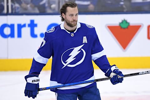 TORONTO, ON – MARCH 11: Tampa Bay Lightning Defenceman Victor Hedman (77) in warmups prior to the regular season NHL game between the Tampa Bay Lightning and Toronto Maple Leafs on March 11, 2019 at Scotiabank Arena in Toronto, ON. (Photo by Gerry Angus/Icon Sportswire via Getty Images)