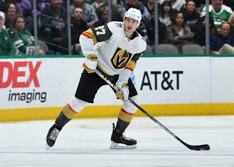 DALLAS, TX – NOVEMBER 25: Shea Theodore #27 of the Vegas Golden Knights handles the puck against the Dallas Stars at the American Airlines Center on November 25, 2019 in Dallas, Texas. (Photo by Glenn James/NHLI via Getty Images)