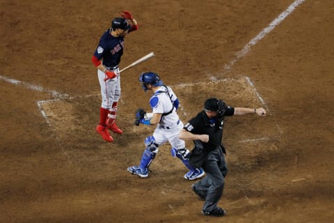 LOS ANGELES, CA – OCTOBER 26: Mookie Bettts #50 of the Boston Red Sox reacts after being called out on strikes during the fifteenth inning against the Los Angeles Dodgers in Game Three of the 2018 World Series at Dodger Stadium on October 26, 2018 in Los Angeles, California. (Photo by Sean M. Haffey/Getty Images)