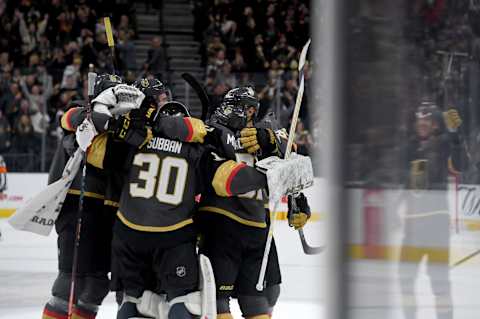 LAS VEGAS, NEVADA – NOVEMBER 29: The Vegas Golden Knights celebrate their 2-1 shootout victory over the Arizona Coyotes at T-Mobile Arena on November 29, 2019 in Las Vegas, Nevada. (Photo by Ethan Miller/Getty Images)