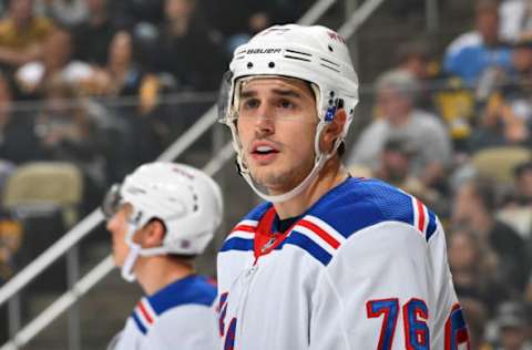 PITTSBURGH, PA – APRIL 06: Brady Skjei #76 of the New York Rangers skates against the Pittsburgh Penguins at PPG Paints Arena on April 6, 2019 in Pittsburgh, Pennsylvania. (Photo by Joe Sargent/NHLI via Getty Images)