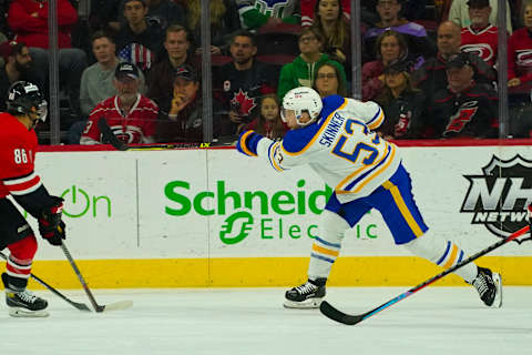 Apr 7, 2022; Raleigh, North Carolina, USA; Buffalo Sabres left wing Jeff Skinner (53) takes a shot against the Carolina Hurricanes during the third period at PNC Arena. Mandatory Credit: James Guillory-USA TODAY Sports