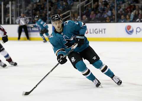 SAN JOSE, CA – APRIL 05: Dylan Gambrell #14 of the San Jose Sharks in action against the Colorado Avalanche at SAP Center on April 5, 2018 in San Jose, California. (Photo by Ezra Shaw/Getty Images)