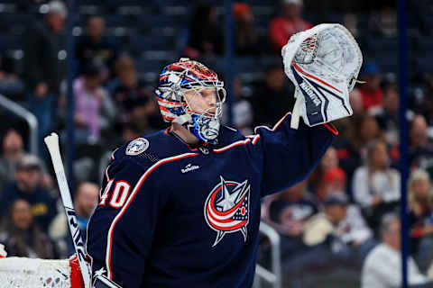 Sep 28, 2022; Columbus, Ohio, USA; Columbus Blue Jackets goaltender Daniil Tarasov (40) gestures to teammates during a stop in play against the Buffalo Sabres in the first period at Nationwide Arena. Mandatory Credit: Aaron Doster-USA TODAY Sports